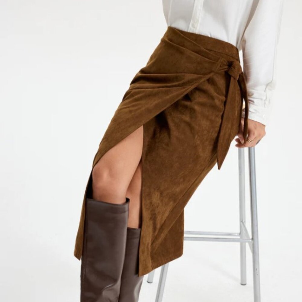 Tie Knot Suede Effect Midi Skirt